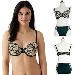Wacoal Dramatic Interlude Bra & Panty Set Green Black Lace Embroidered Size S